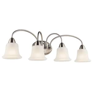 Nicholson 33 in. 4-Light Brushed Nickel Transitional Bathroom Vanity Light with Satin Etched Glass