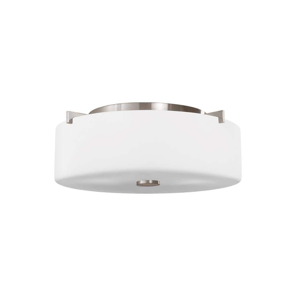 Brushed Steel 2-Light Flush Mount with White Opal Glass Shade