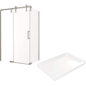 Industrial 48 in. L x 34 in. W x 76 in. H Corner Shower Kit with Sliding Frameless Shower Door and Shower Pan