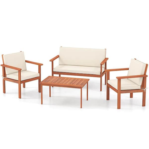 4-Piece Acacia Wood Patio Conversation Sectional Seating Set with Off White Cushions