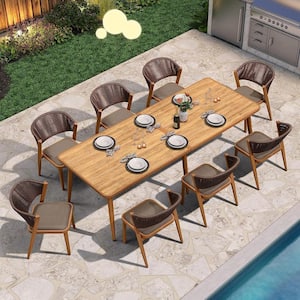 9-Piece Aluminum Wicker Dining Table Oversize and Chairs Patio Outdoor Dining Set Teak Furniture Set with Cushions, Grey