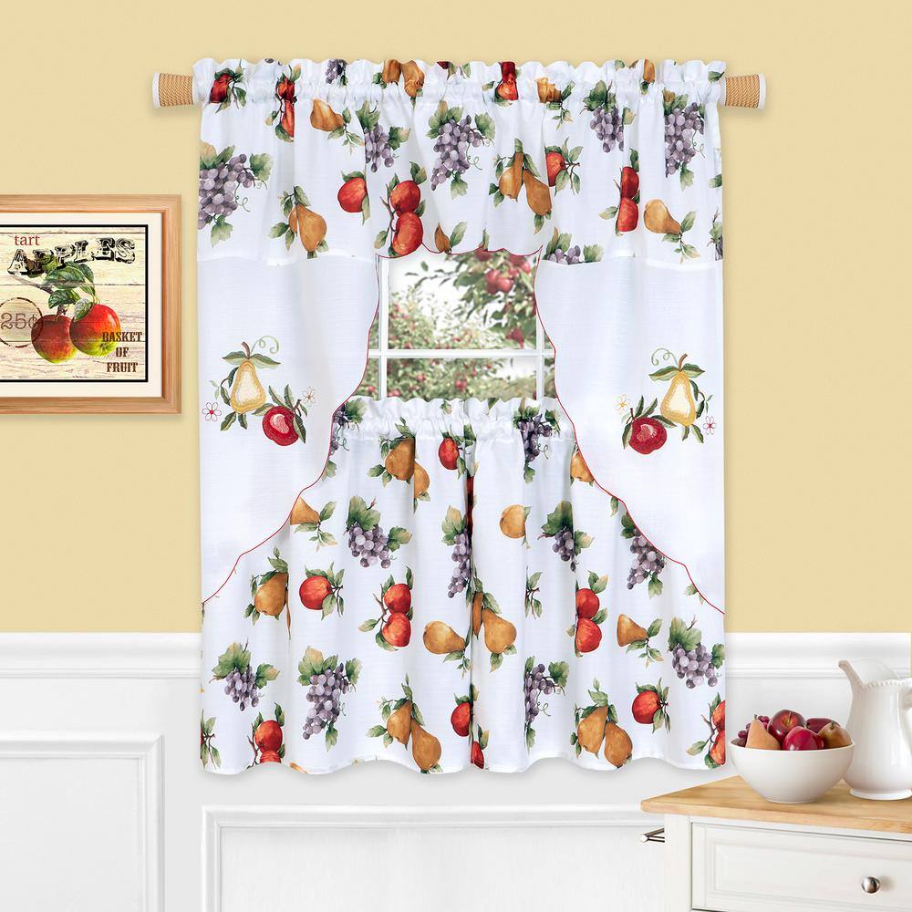 White Embroidered Fruit Print Polyester Tier Curtains