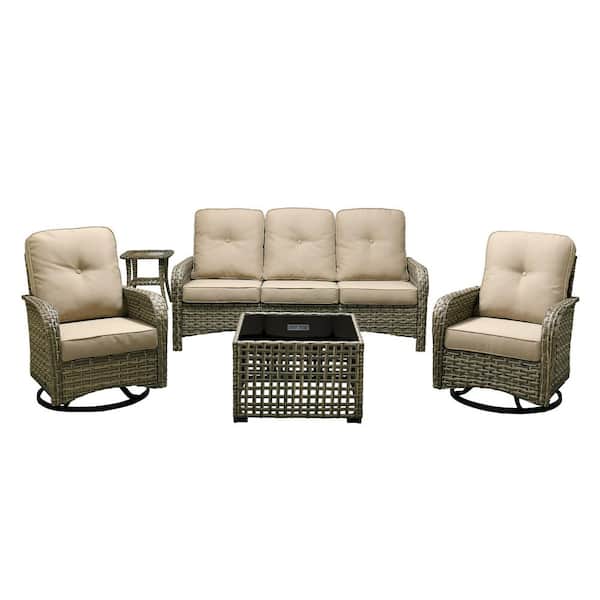 Ruby 5-Piece Wicker Outdoor Patio Conversation Sofa Set with Swivel Chairs, Solar-Light Coffee Table and Beige Cushions