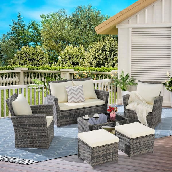 Unbranded 6 Piece Wicker Outdoor Conversation Set Patio Sectional Seating Sofa Set with Beige Cushion, Ottoman, Coffee Table