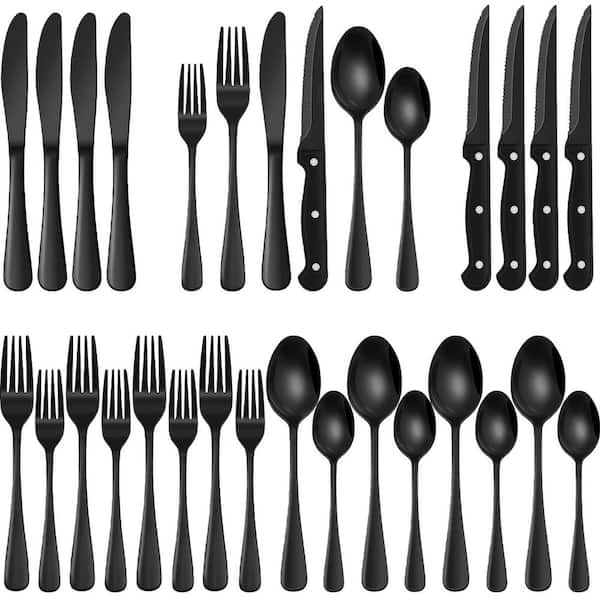 24-Piece Black Food-Grade Stainless Steel Silverware Set w/ Steak Knives Black Flatware for Home Restaurant (Set for 4)