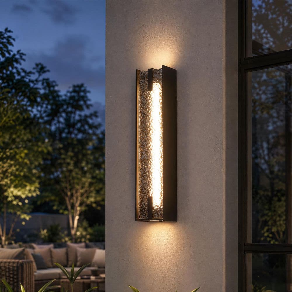 Outdoor Aluminum 1-Light Black Dimmable Wall Sconce with Water Ripple Acrylic Shade, Integrated LED Exterior Wall Light price history on PriceWatchPro