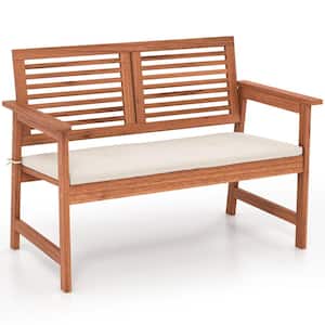 2-Person Solid Wood Patio Outdoor Bench with Backrest and Off White Cushion