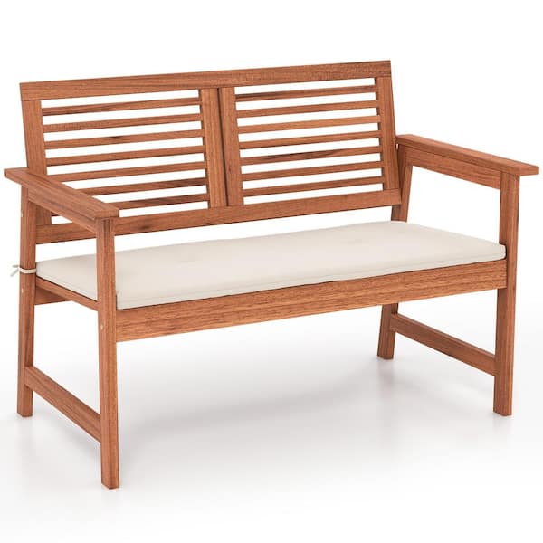 ANGELES HOME 2-Person Solid Wood Patio Outdoor Bench with Backrest and Off White Cushion