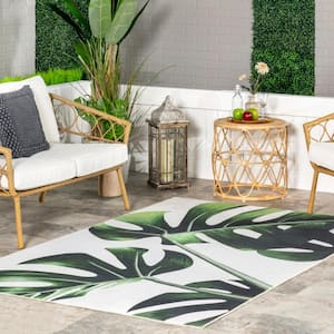 Hanni Leaves Machine Washable Green 5 ft. x 8 ft. Indoor/Outdoor Area Rug