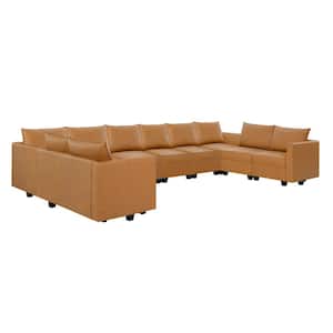 138.59 in. W Modern 10-Seater Upholstered Faux Leather Sectional Sofa in. Caramel
