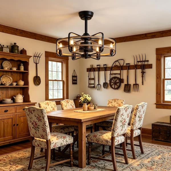 24.8 in. Black Farmhouse Caged Ceiling Fan with Lights and Remote Rustic Wood Grain Downrod Fan Fixture for Living Room