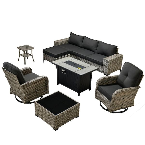 Verano 9-Piece Wicker Outdoor Patio Conversation Sofa Swivel Chairs Set with Metal Fire Pit and Black Cushions