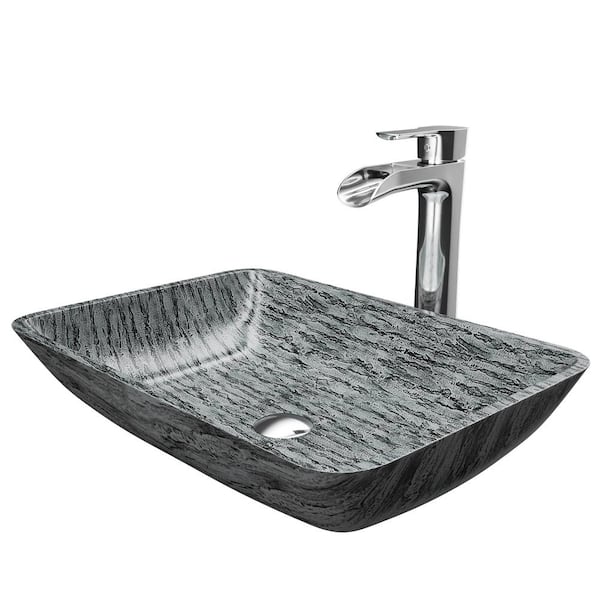 VIGO Glass Rectangular Vessel Bathroom Sink in Titanium Gray with Niko Faucet and Pop-Up Drain in Chrome