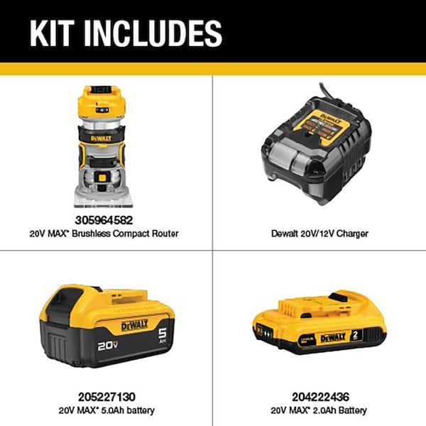 20V MAX XR Lithium-Ion Cordless Brushless Fixed Base Compact Router with 20V MAX 5.0 Ah and 2.0 Ah Batteries and Charger