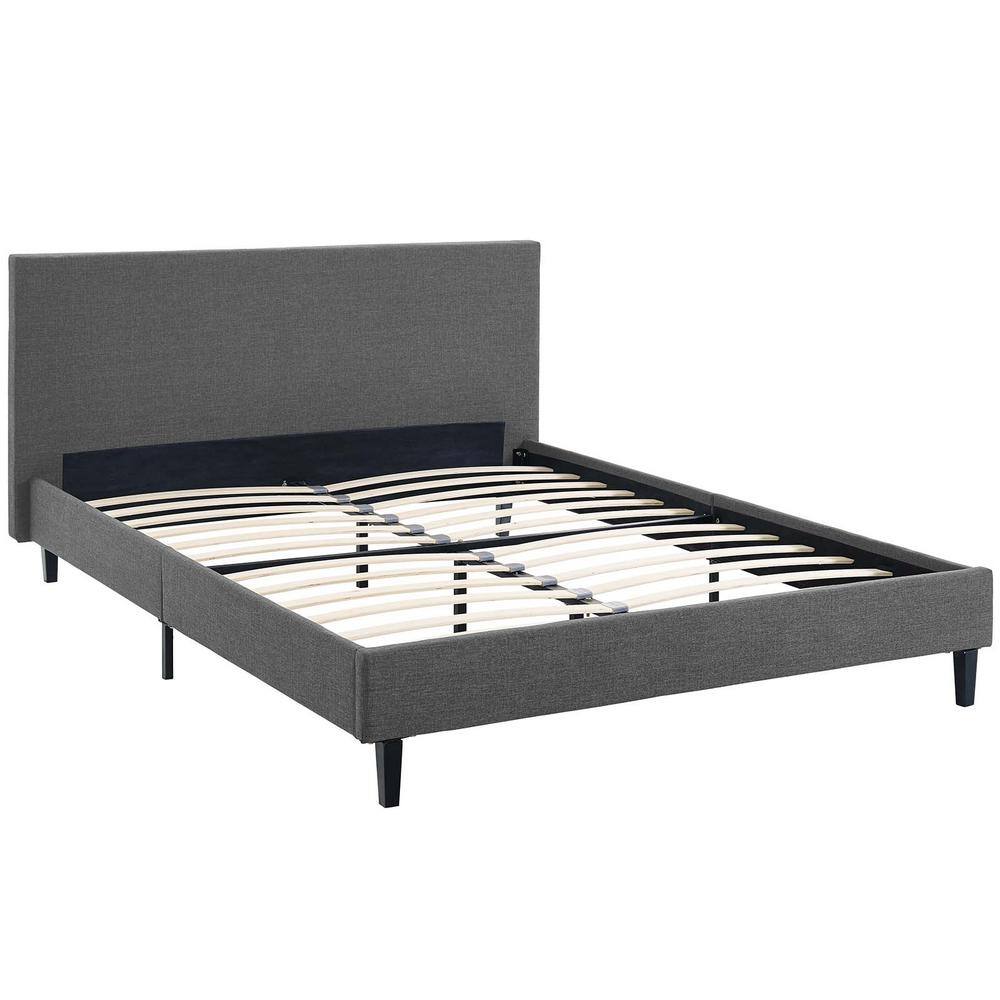 Gray Full Upholstered Platform Bed with Wood Slats