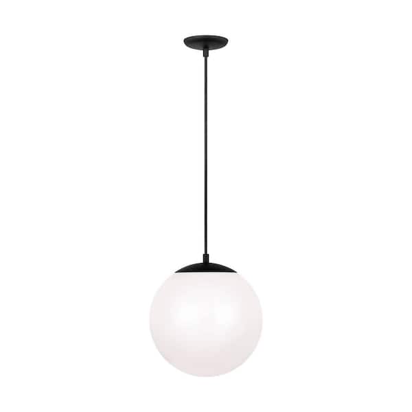 Leo Hanging Globe 12 in. 1-Light Midnight Black Pendant Light with Smooth White Glass Shade and LED Light Bulb