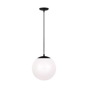 Leo Hanging Globe 12 in. 1-Light Midnight Black Pendant Light with Smooth White Glass Shade