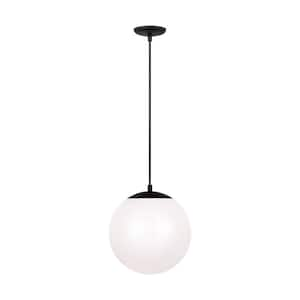 Leo Hanging Globe 12 in. 1-Light Midnight Black Pendant Light with Smooth White Glass Shade and LED Light Bulb