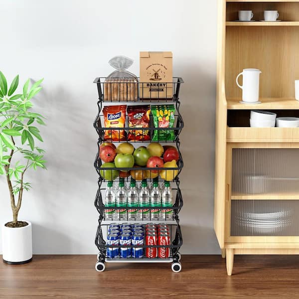 5-Tier Black Alloy Steel Rolling Pantry Floor Organizer and Storage Cart with Wheels, Stackable Wire Pantry Basket