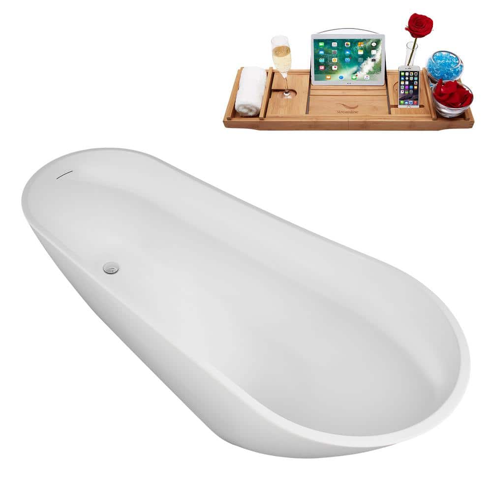 67" Glossy White Acrylic Freestanding Soaking Bathtub with Bamboo Tray
