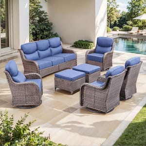 NovaSwivel Brown 7-Piece Wicker Patio Conversation Swivel Glider Set Outdoor Seating Set with 6 in. Blue Cushions