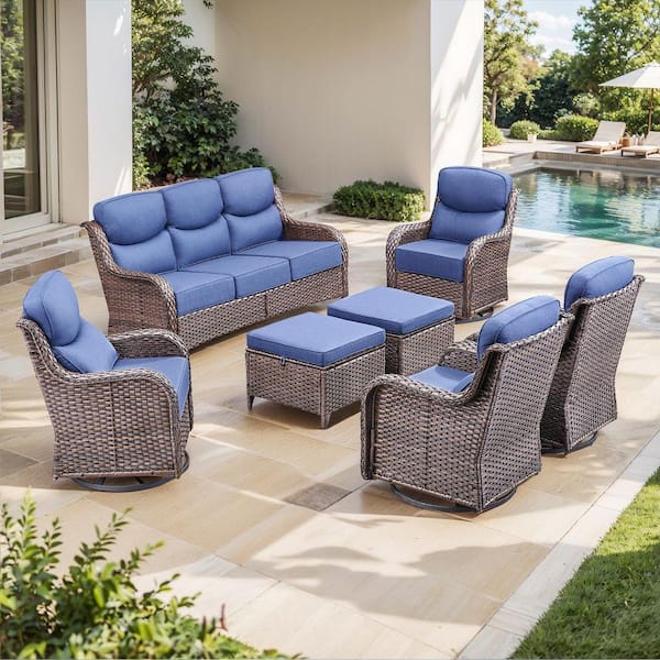 NovaSwivel Brown 7-Piece Wicker Patio Conversation Swivel Glider Set Outdoor Seating Set with 6 in. Blue Cushions