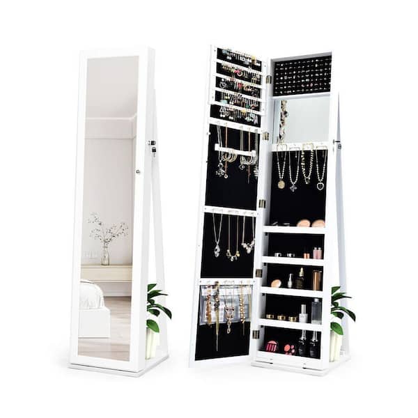 14.5 in. x 62 in. White MDF Freestanding Lockable Jewelry Armoire with Full-length Mirror