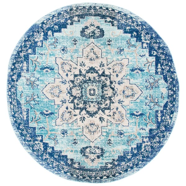 SAFAVIEH Madison Teal/Navy Doormat 3 ft. x 3 ft. Border Geometric Floral Medallion Round Area Rug