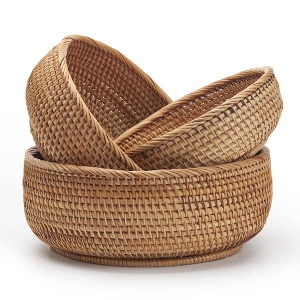 3 Piece Round Rattan Fruit Baskets Set, Woven Storage Bowls Key Holder Stackable for Shelf Kitchen Tabletop Natural