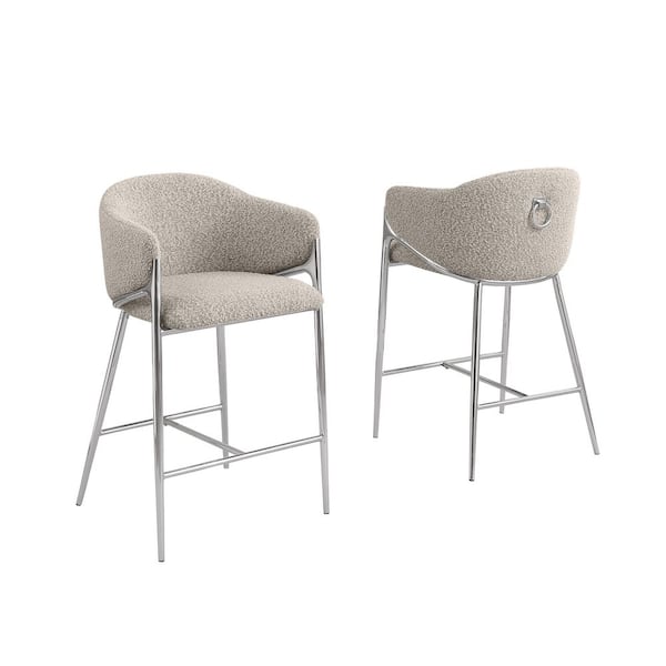 Best Quality Furniture Nadia Grey Boucle Fabric Bar Stools Set of 2 With Chrome Legs