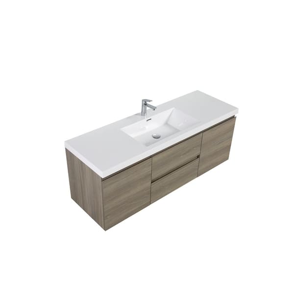 58.74 in. W Single Sink Wall-Mounted Ash Gray Bath Vanity With White Resin Top Unassembled