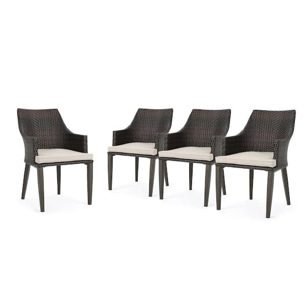 Noble House Hillhurst Multi-Brown Removable Cushions Faux Rattan Outdoor Patio Dining Chair with Light Brown Cushions (4-Pack)
