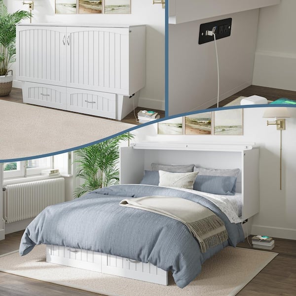 Nantucket White Wood Frame Queen Murphy Bed Chest with 6 in. Mattress, Built-in Charger and Storage Drawer