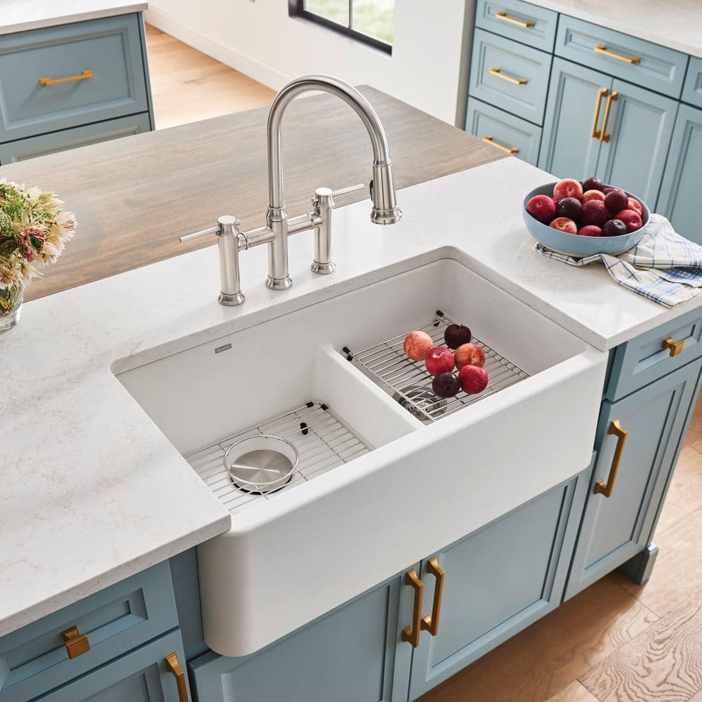 White Stone Double Bowl Farmhouse Kitchen Sink, 33-inch