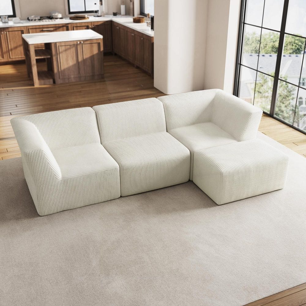 106.15 in. Modern Square Arm 4-Piece Corduroy Sectional Sofa in Beige With Ottoman