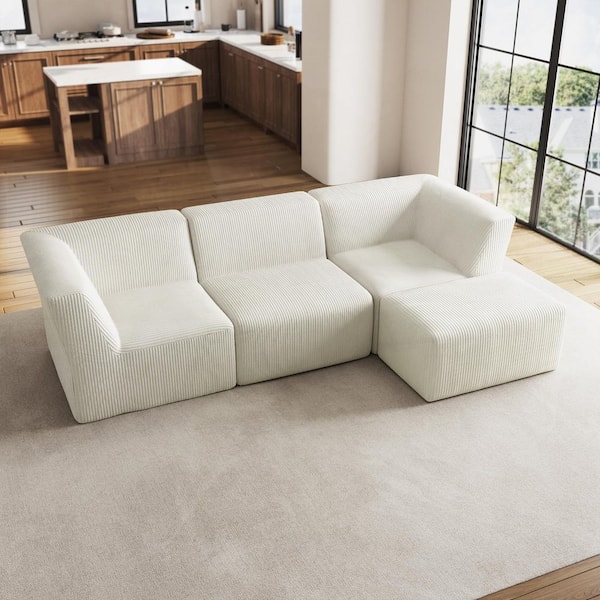 106.15 in. Modern Square Arm 4-Piece Corduroy Sectional Sofa in Beige With Ottoman