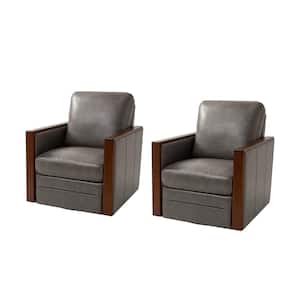 Alex Modern Leather Swivel Armchair with Wood Arms Set of 2-GREY