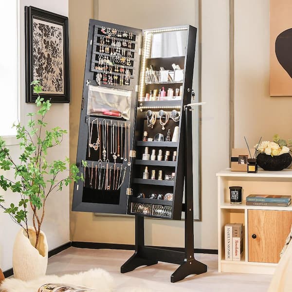 Black Wood 16 in. W Standing Jewelry Armoire Cabinet Full Length Mirror Lockable w/3-Color LED Lights