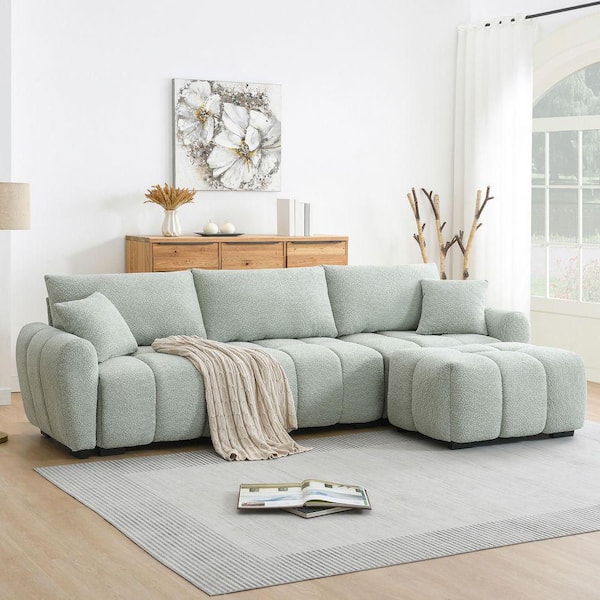 110 in. Pull-Line Design Boucle Fabric Modular Sectional Sofa in. Light Green with Extra-Large Seat, Movable Ottoman