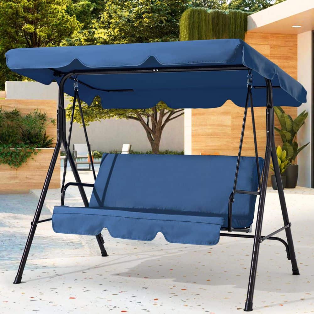 2-Person Black Metal Patio Swing with Blue Cushions and Adjustable Canopy