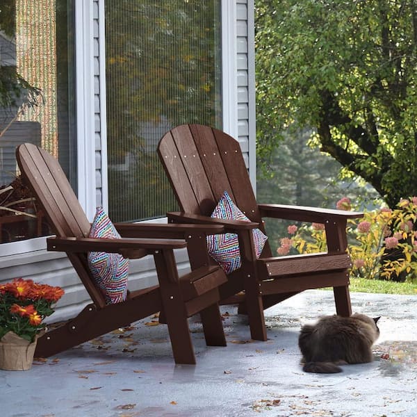 Brown Plastic Outdoor Folding Adirondack Chair with Cup Holder (2-Pack)