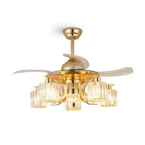 48 in. 5-Light Indoor Gold Ceiling Fan with Remote, Modern Crystal Retractable Fandelier for Bedroom, Bulbs Not Included
