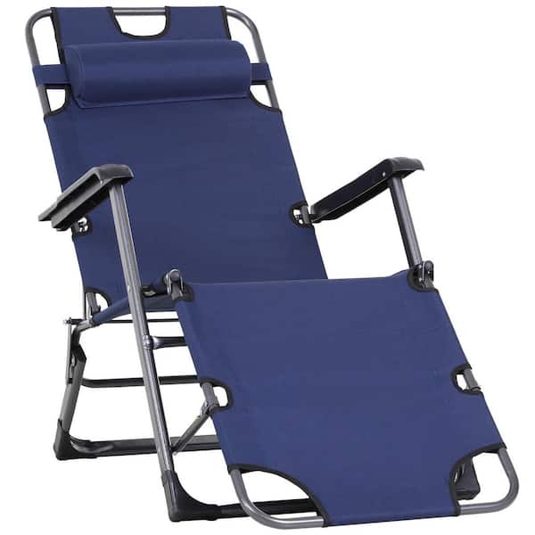 Metal Adjustable Folding Outdoor Chaise Lounge Chair 2-in-1 Tanning Chair with Pillow and Pocket Navy Blue