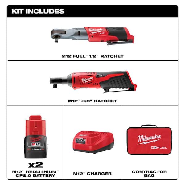 M12 FUEL 12V Lithium-Ion Brushless 1/2 in. Cordless Ratchet Kit with (2) 2. 0Ah Batteries, Charger, Bag & 1/2 Ratchet