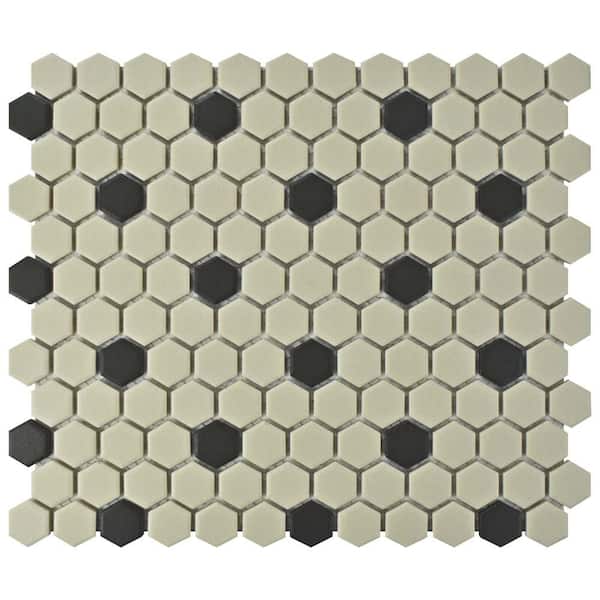 Merola Tile Gotham Hex Antique White with Black Dot 10-1/4 in. x 11-7/8 in. x 5 mm Unglazed Porcelain Mosaic Tile (8.65 sq.ft./case)
