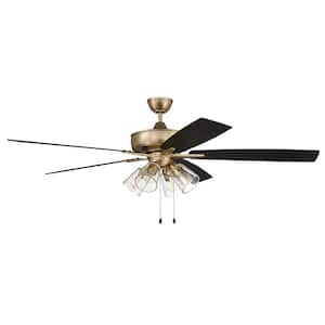 Super Pro-104 60 in. Indoor Dual Mount Satin Brass Ceiling Fan with 4-Light Clear Glass LED Light Kit