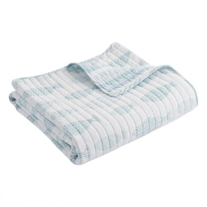 Aqua Breeze Blue, White Coastal Stripe Quilted Cotton Throw Blanket