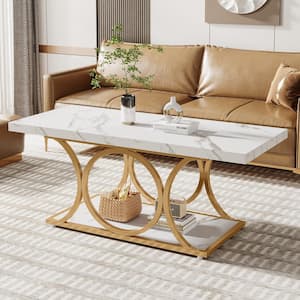 Allan 47.2 in. White Gold Rectangle Wood Coffee Table, 2-Tier Faux Marble Coffee Table with Geometric Metal Legs
