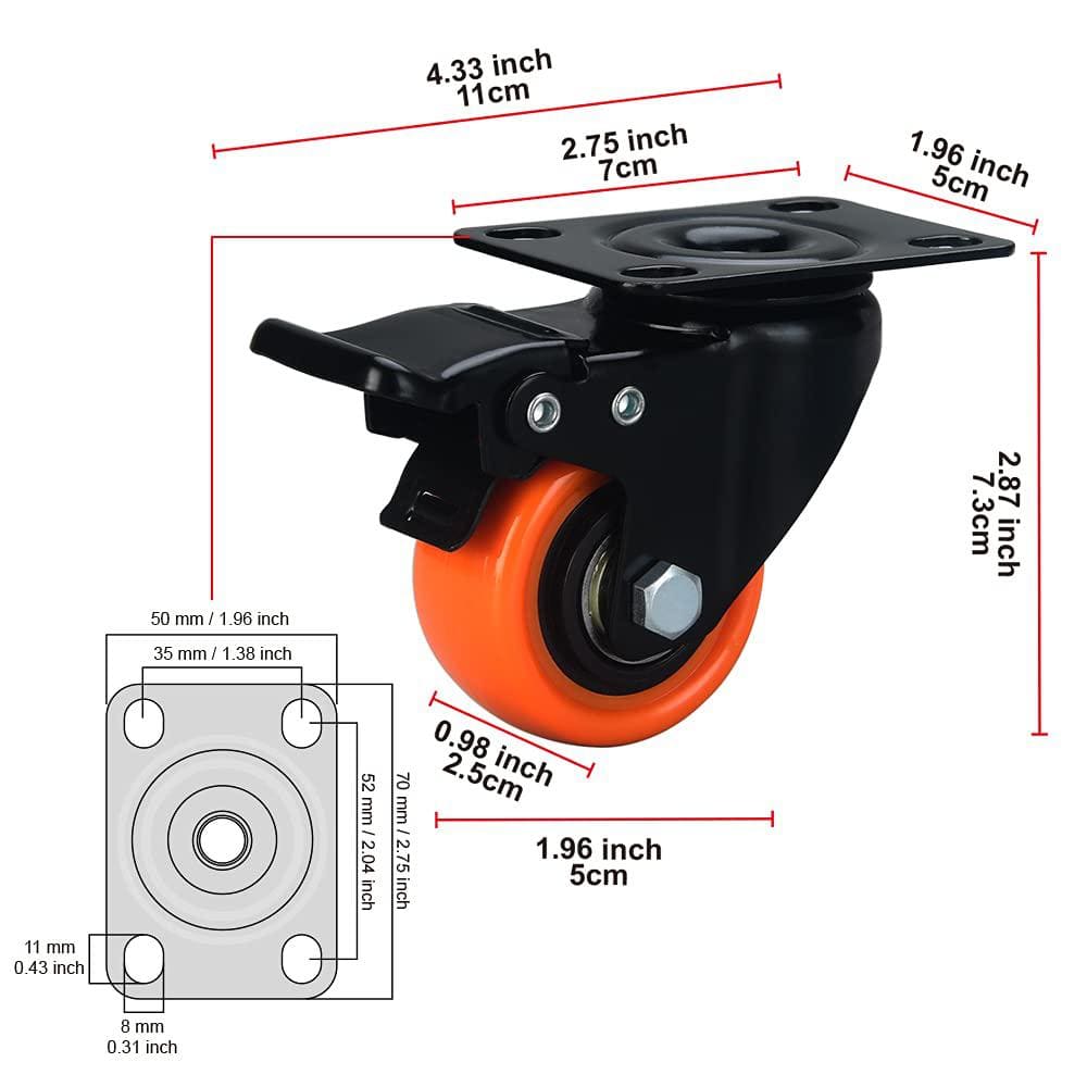 2" Orange Polyurethane Heavy Duty Caster Wheels with Brake, Set of 4