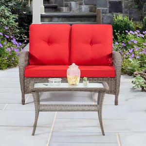 2-Piece Wicker Outdoor Patio Loveseat Conversation Set with Red Cushions and Coffee Table